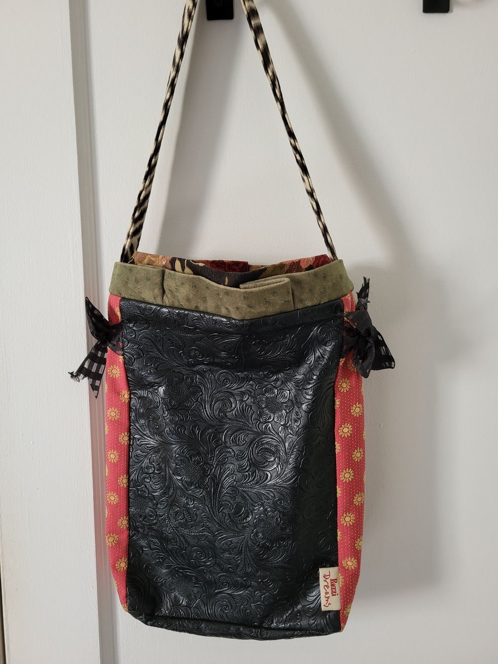 Handmade Black Embossed Leather & Pink Floral Tote - Razzi Dreams